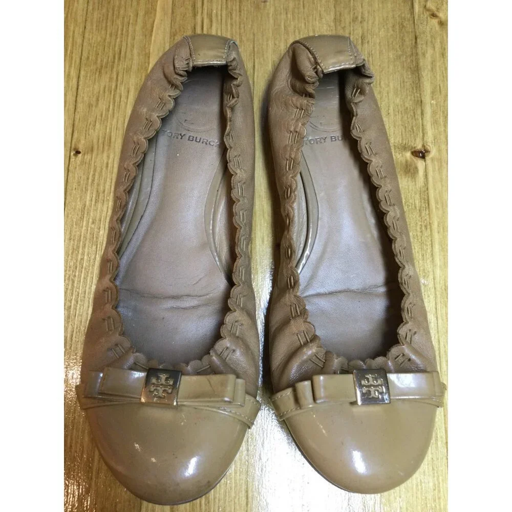 Tory Burch Tan Leather Eddie Bow Ballet Flats Women Size 6M Slip On Shoes